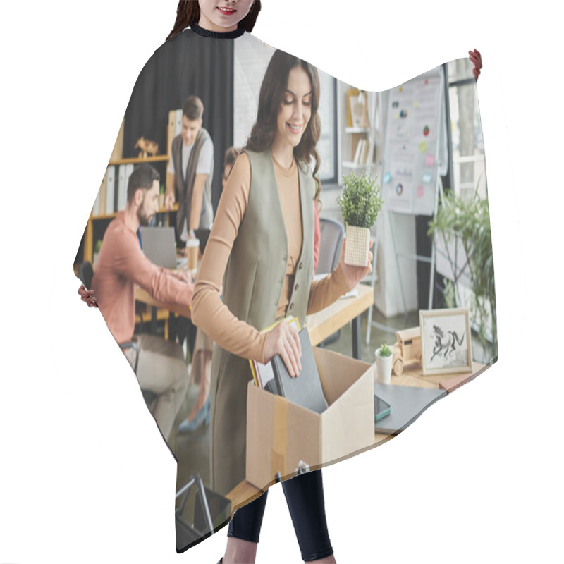 Personality  Woman Organize Belongings Amidst A Challenging Layoff Process, Colleagues On Backdrop. Hair Cutting Cape