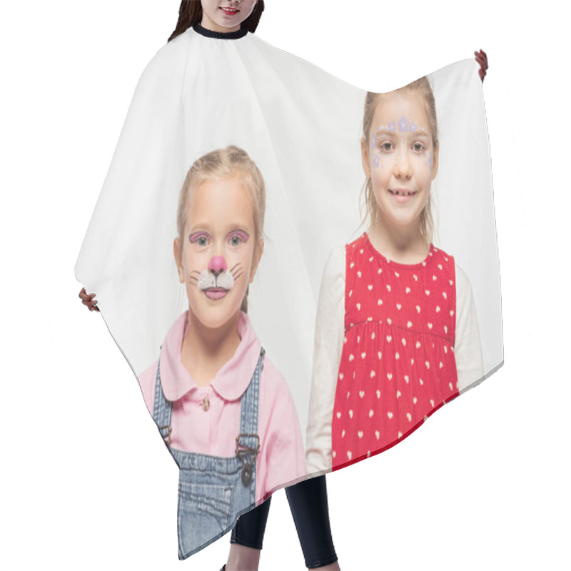 Personality  Adorable Children With Flowers And Cat Muzzle Paintings On Faces Smiling At Camera Isolated On White Hair Cutting Cape