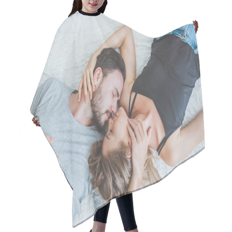 Personality  Happy Couple Lover On Bed, Hug And Kiss In Romantic Time, Love And Passionate Concept. Hair Cutting Cape