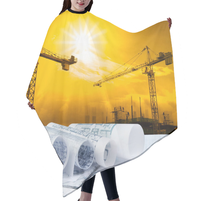 Personality  Architect Plan On Working Table With Crane And Building Construction Background Hair Cutting Cape