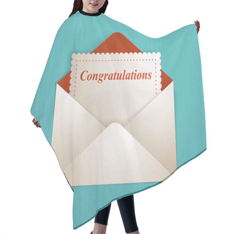 Personality  Postal Envelope With Congratulations Card Over Wooden Background Realistic Vector Paper Illustration, Graphic Design Element Message Greeting Mail. Hair Cutting Cape