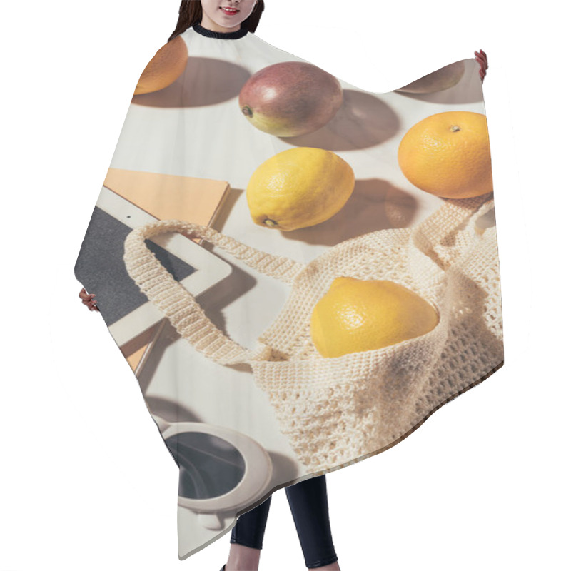 Personality  Close-up View Of Digital Tablet, Sunglasses And String Bag With Fresh Ripe Tropical Fruits Hair Cutting Cape