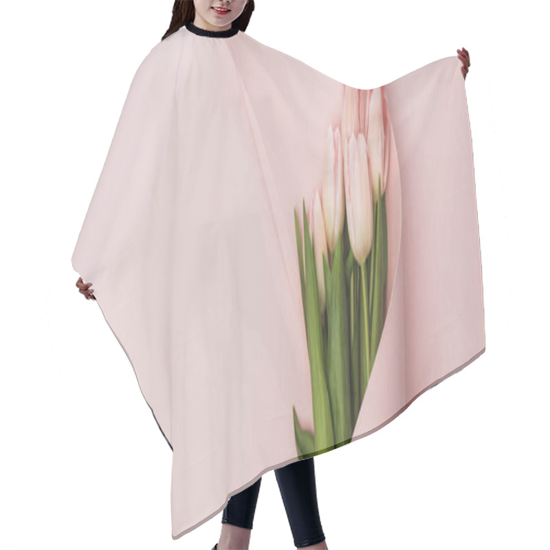 Personality  Top View Of Tulip Bouquet Wrapped In Paper Swirl On Pink Background, Panoramic Shot Hair Cutting Cape