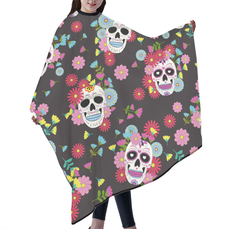 Personality  Day Of The Dead Skull With Floral Ornament And Blooming Flower Seamless Pattern On Black Background. Dia De Los Muertos Celebration Pattern Background. Vector Illustration Hair Cutting Cape