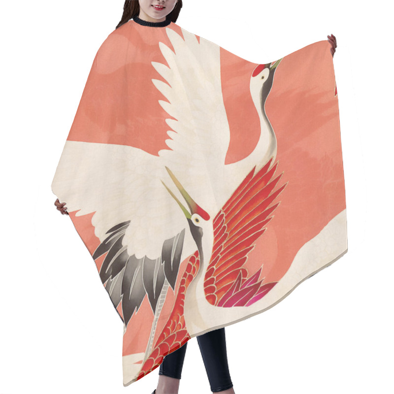 Personality  Japanese Cranes. White And Red Cranes Flying Over A Vibrant And Warm Background In Shades Of Red And Peach. An Exquisite Composition In The Japanese Style. Hair Cutting Cape