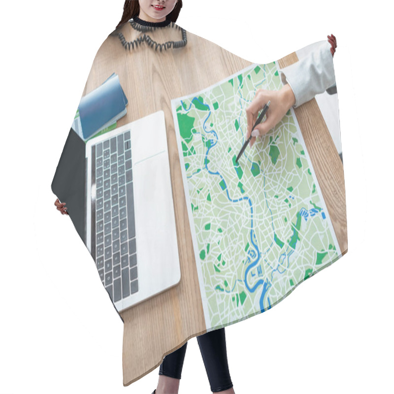 Personality  Cropped View Of Travel Agent Pointing With Pen At Map On Wooden Desk Hair Cutting Cape