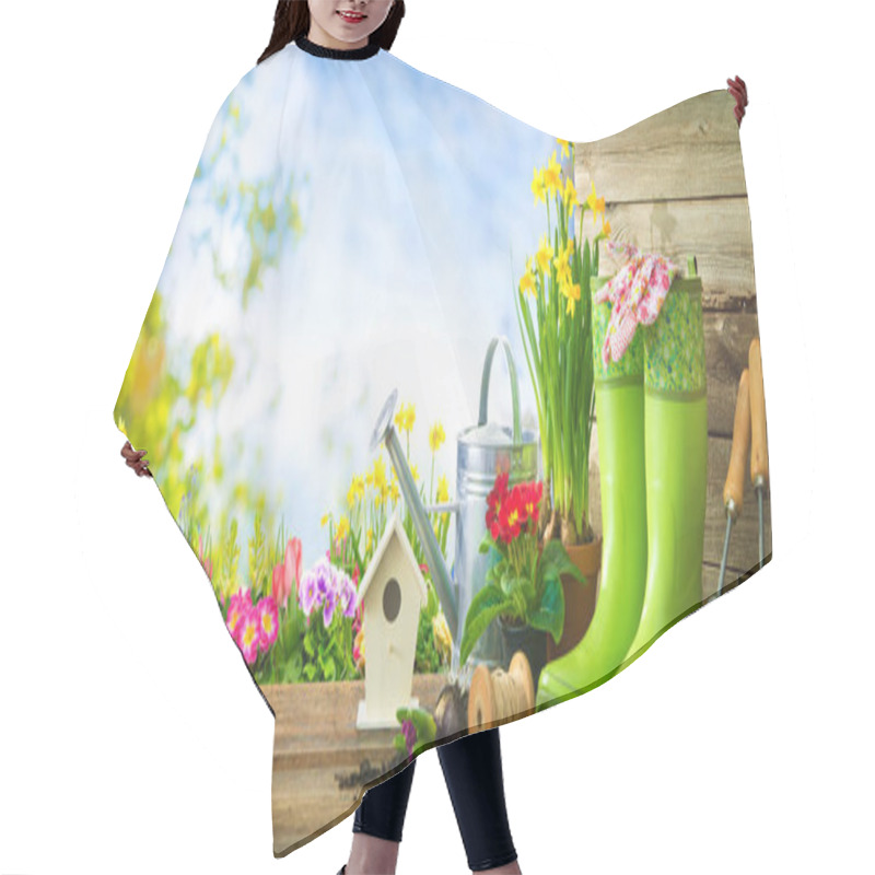 Personality  Gardening Tools And Spring Flowers On The Terrace Hair Cutting Cape