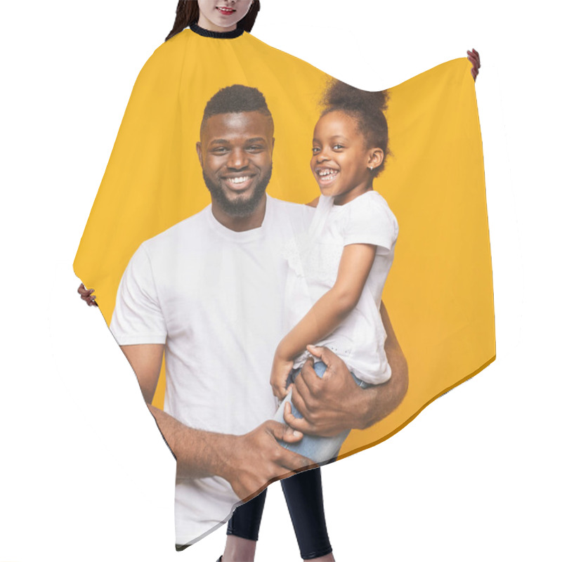 Personality  Cheerful African Dad Holding His Cute Daughter On Hands Hair Cutting Cape