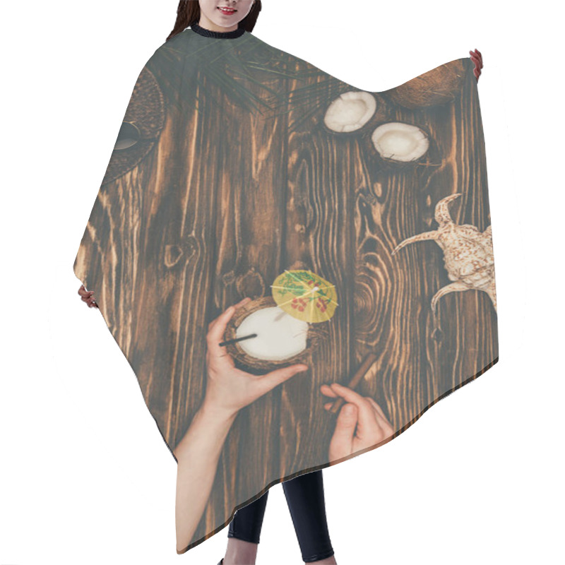 Personality  Cropped Shot Of Woman With Coconut Cocktail And Cigar On Wooden Surface Surrounded With Various Tropical Travel Attributes Hair Cutting Cape