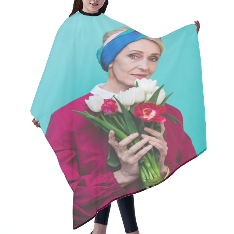 Personality  Beautiful Senior Woman With Tulips, Isolated On Blue Hair Cutting Cape