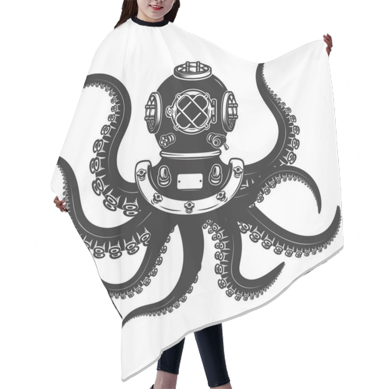 Personality  Diver Helmet With Octopus Tentacles Isolated On White Background. Design Elements For Poster, T-shirt. Vector Illustration. Hair Cutting Cape