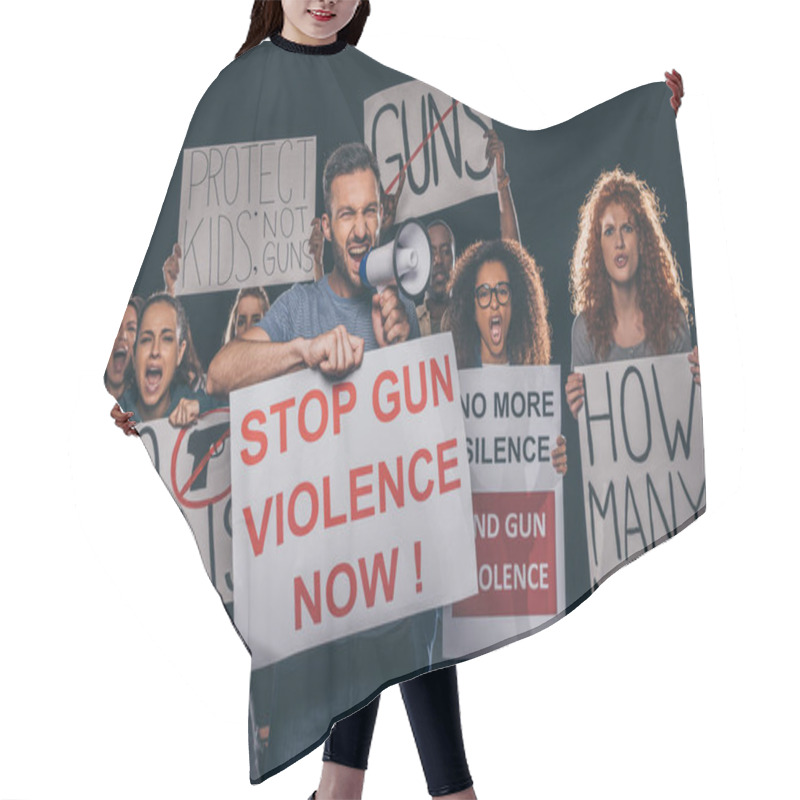 Personality  Angry Man Holding Placard With Stop Gun Violence Now Lettering And Screaming In Megaphone Near Multicultural People On Black  Hair Cutting Cape