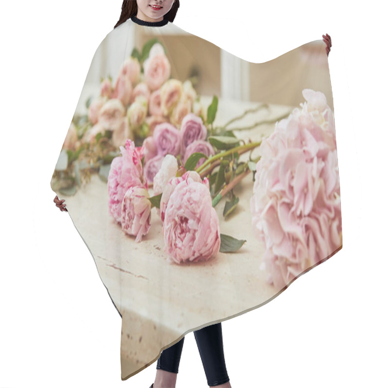 Personality  Selective Focus Of Pink Roses And Peonies On Surface Hair Cutting Cape