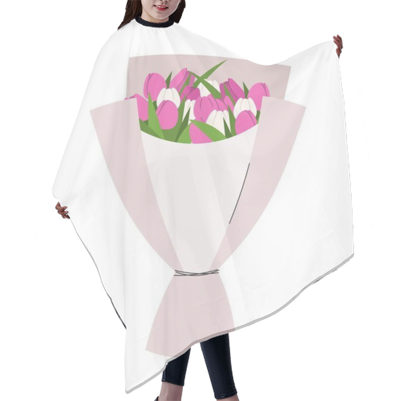 Personality  Bouquet With Pink Flowers. White And Purple Tulips, Romantic Gifts. Social Media Stickers And Website Graphic Element. Beauty, Elegance And Aesthetics Concept. Cartoon Flat Vector Illustration Hair Cutting Cape