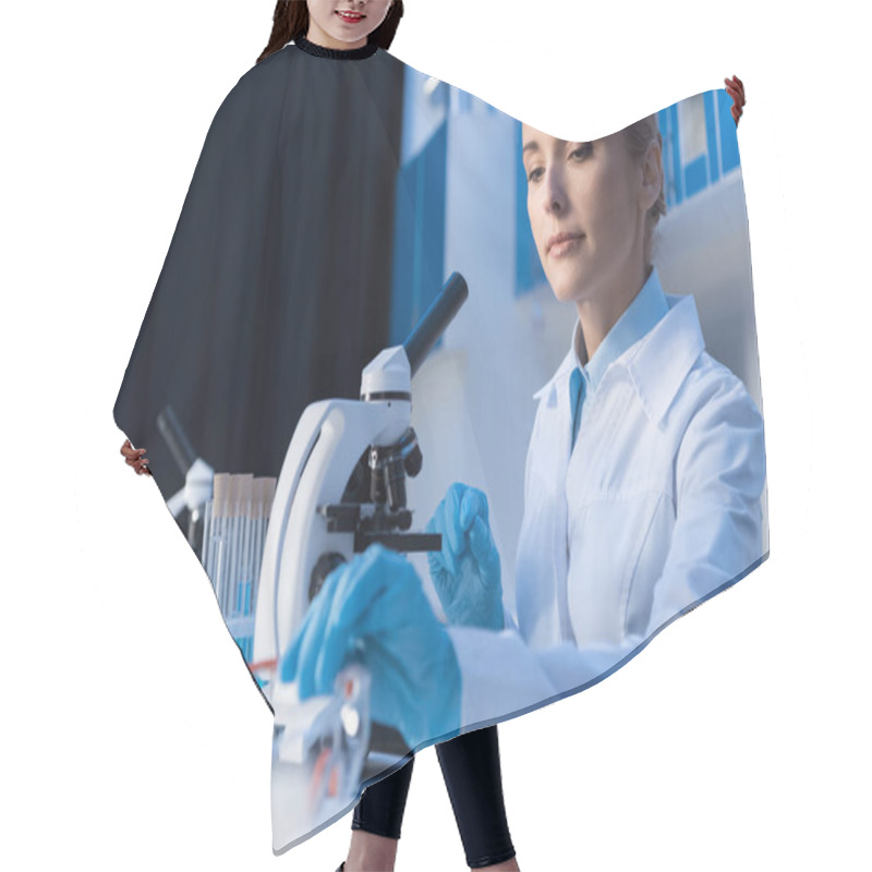 Personality  Scientist Using Microscope In Lab Hair Cutting Cape