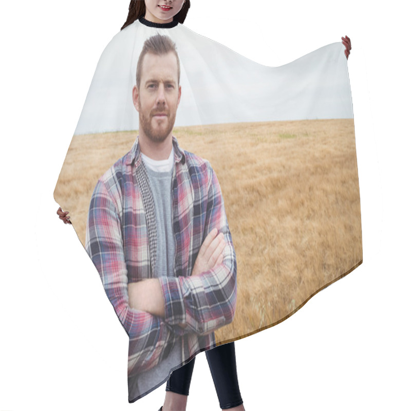 Personality  Farmer Standing With Arms Crossed In Field Hair Cutting Cape