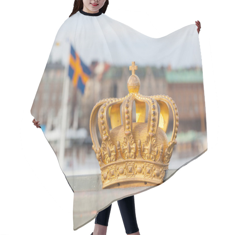 Personality  Golden Crown With Swedish Flag On Background In Stockholm Hair Cutting Cape