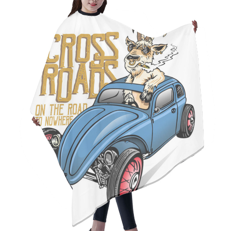 Personality  Illustration Of Old, Modified Car Driven By A Goat In Cartoon Style. Hot Rods Style Art. Design For Posters And T-shirt Prints. Hair Cutting Cape