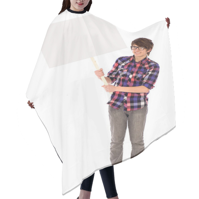 Personality  Teenager Holding Blank Poster Hair Cutting Cape