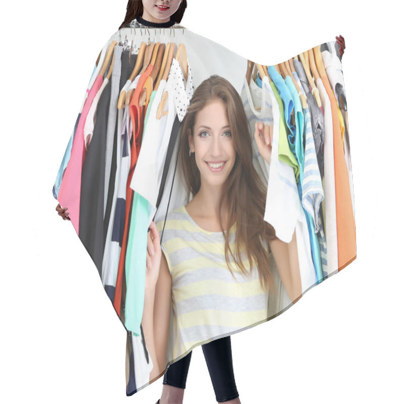 Personality  Beautiful Young Woman Near Rack With Hangers Hair Cutting Cape