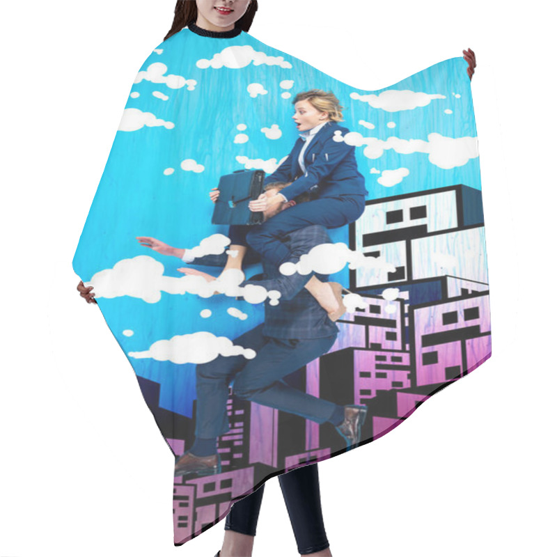 Personality  Shocked Woman With Briefcase Sitting On Businessman Shoulders With City And Clouds Illustration On Blue Background Hair Cutting Cape