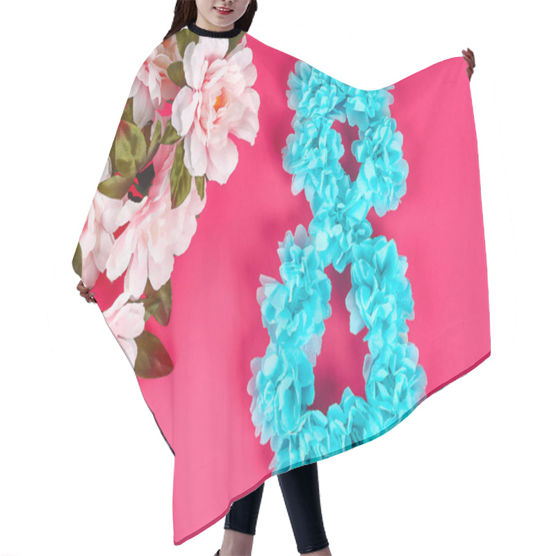 Personality  Diy Eight Made Cardboard Decorated Artificial Flower Made Blue Tissue Paper Napkin Pink Background. Gift Idea, Decor International Womens Day, March 8. Step By Step. Top View. Process Childrens Craft. Hair Cutting Cape