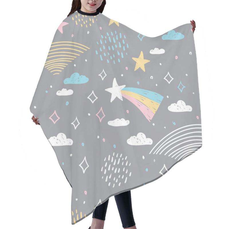 Personality  Magic Tale Seamless Pattern Abstract Scales, Rain, Sky Clouds Stars, Simple Nature Doodle Lines Scandinavian Style. Nursery Decor Trend Of The Season White Yellow Pink On Gray Background. Vector Illustration Hair Cutting Cape