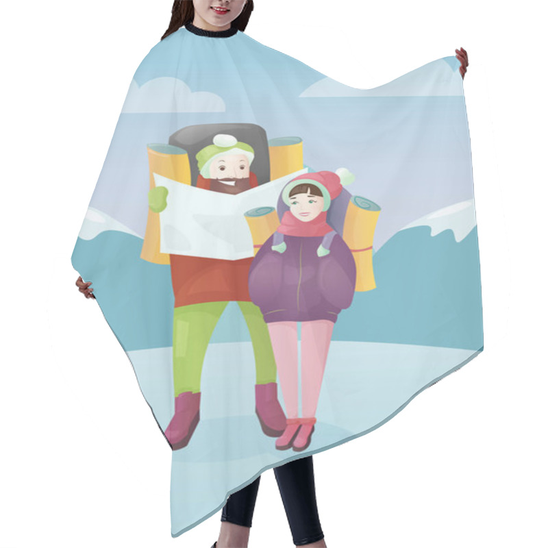 Personality  Vector Illustration Young Couple With Travel Bag And Map On Winter Mountains Background. Traveling Concept, Man And Woman In Cartoon Flat Style. Hair Cutting Cape