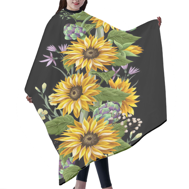 Personality  Border With Sunflowers Bouquet,.artichoke And Wild Flower. Vector Illustration. Hair Cutting Cape