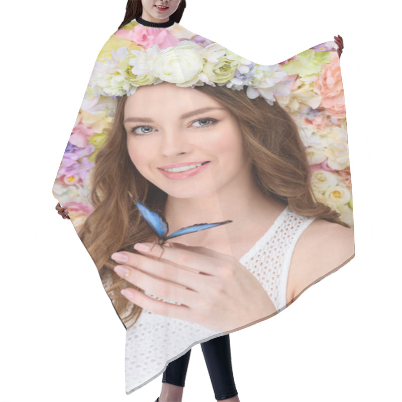 Personality  Happy Young Woman In Floral Wreath With Butterfly On Hand Hair Cutting Cape