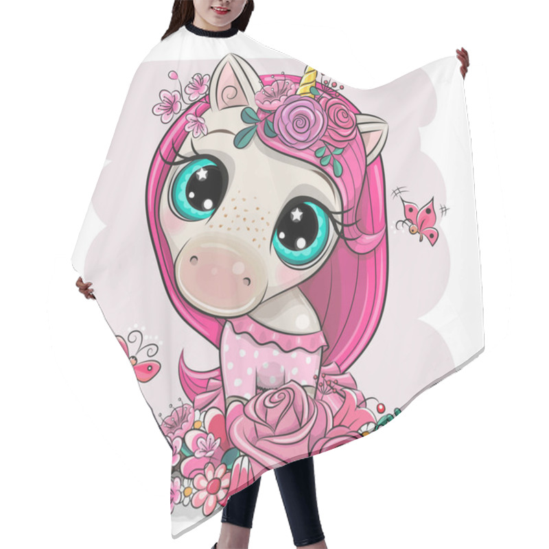 Personality  Cartoon Unicorn Girl With Flowers On A Pink Background Hair Cutting Cape