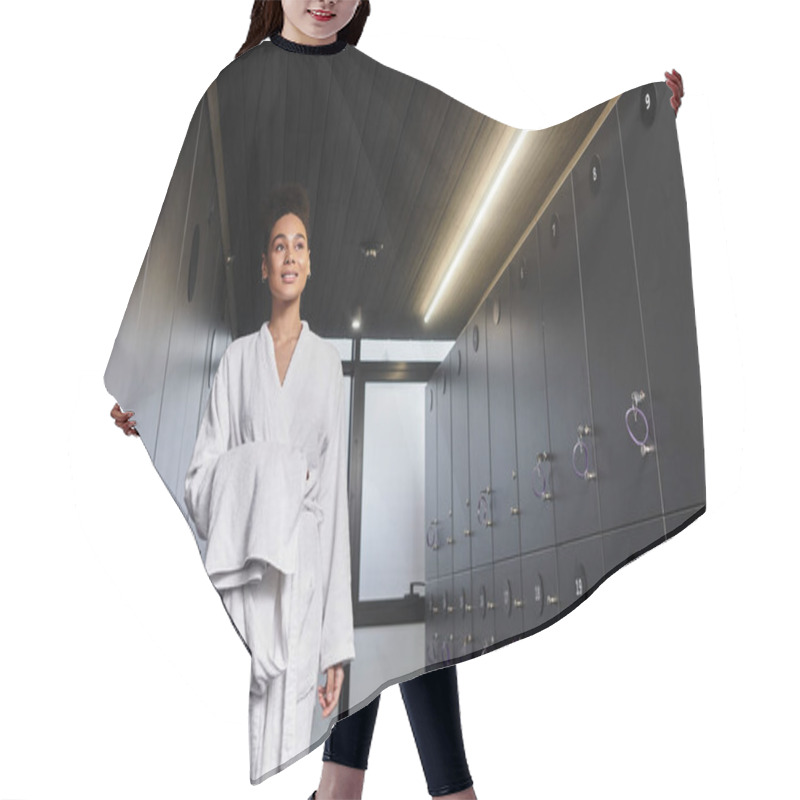 Personality  A Beautiful Young Woman Walks Through A Modern Spa Area, Radiating Joy And Tranquility. Hair Cutting Cape