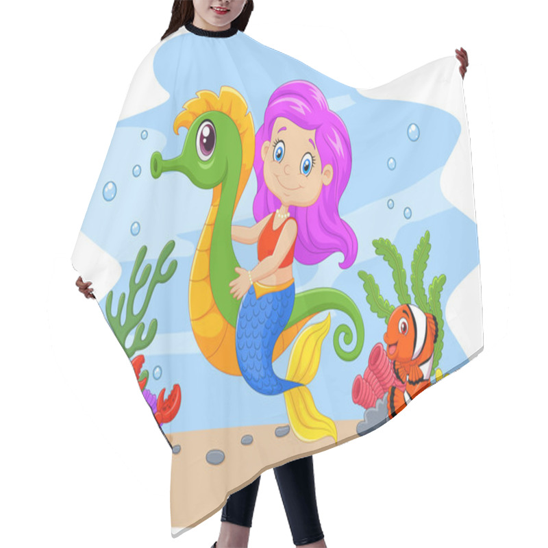 Personality  Cartoon Cute Mermaid Riding Seahorse Accompanied By Fish And Crab Hair Cutting Cape