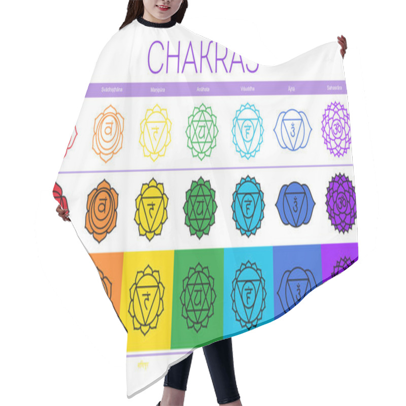 Personality  Chakras: Muladhara, Swadhisthana, Manipura, Anahata, Vishuddha, Ajna, Sahasrara. Vector Line Symbol. Om Sign. Sacral Icon. Meditation Hair Cutting Cape