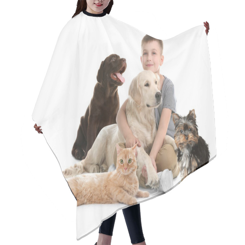 Personality  Cute Little Child With His Pets On White Background Hair Cutting Cape