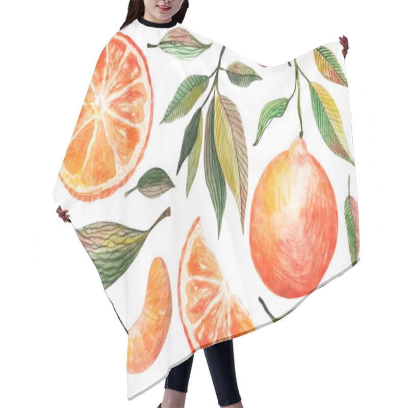 Personality  Watercolor Tangerine Set. Hand Drawn Botanical Illustration Of Peeled Mandarins, Citrus Fruits With Leaves And Slices. Set Of Mandarins Isolated On A White Hair Cutting Cape