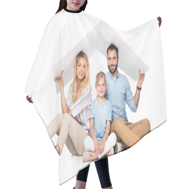 Personality  Parents With Daughter Holding White Roof Over Heads Isolated On White, Family Insurance Concept Hair Cutting Cape