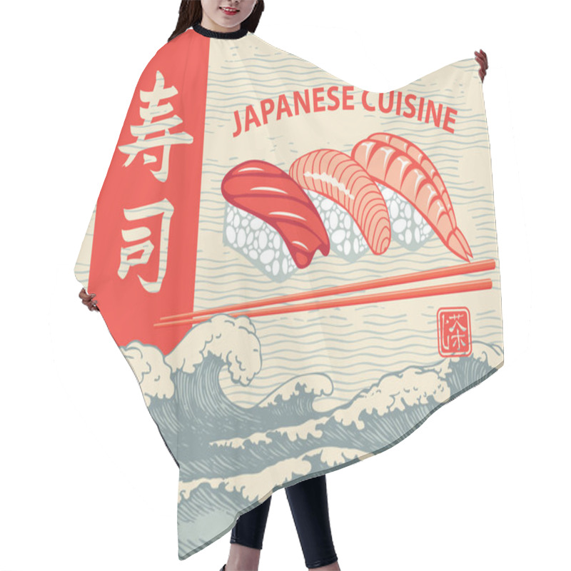 Personality  Vector banner, menu or label with the inscription, various sushi and chopsticks on the background of the hand-drawn sea waves. Red hieroglyph Sushi. Japanese cuisine hair cutting cape