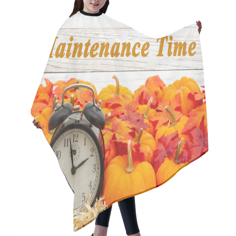 Personality  Maintenance Time Message With A Retro Alarm Clock With Pumpkins  Hair Cutting Cape