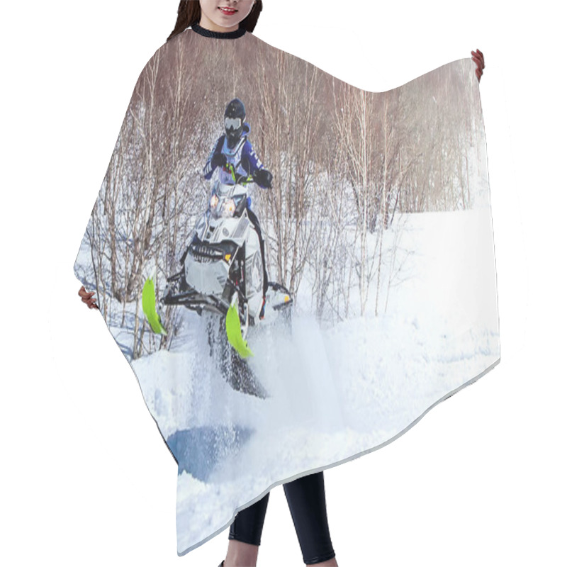 Personality  Snowmobile In High Jump Above Track. Selective Focus Hair Cutting Cape