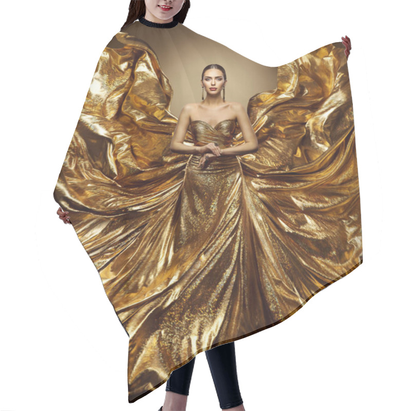 Personality  Gold Woman Flying Dress, Fashion Model In Waving Golden Gown, Fluttering Fabric, Art Beauty Portrait Hair Cutting Cape