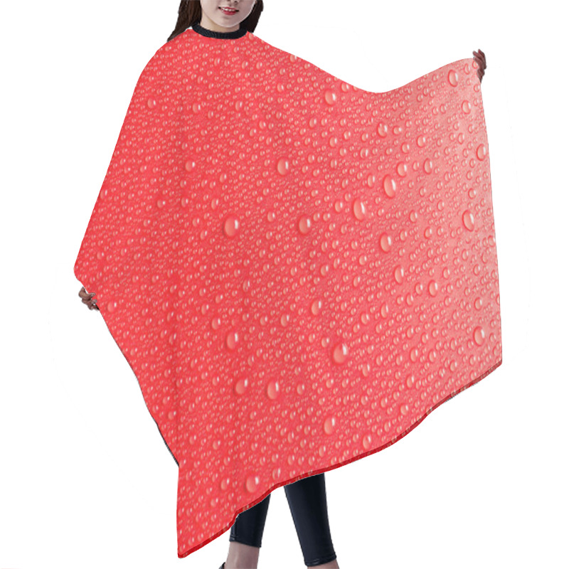 Personality  Droplets Of Water On A Red, Matte Background Illuminated With A Delicate Light. Hair Cutting Cape