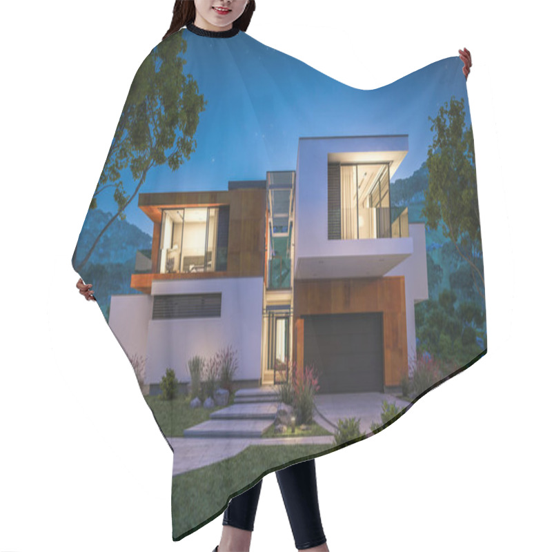 Personality  3d Rendering Of Modern House By The River At Night Hair Cutting Cape