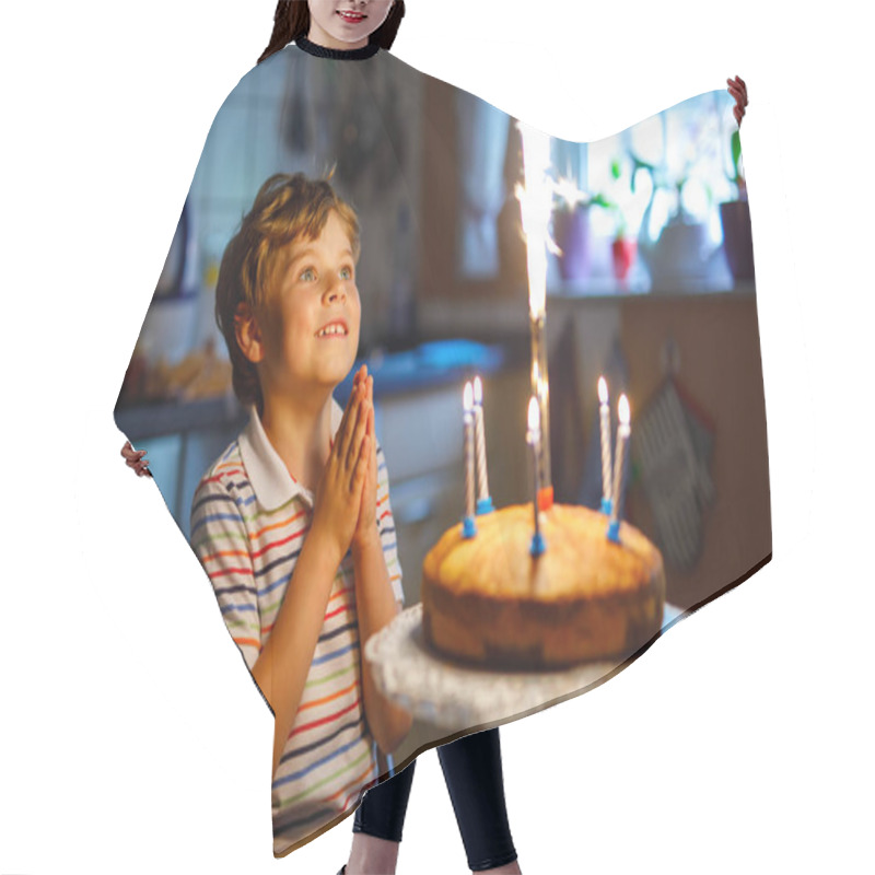 Personality  Adorable Happy Blond Little Kid Boy Celebrating His Birthday. Hair Cutting Cape