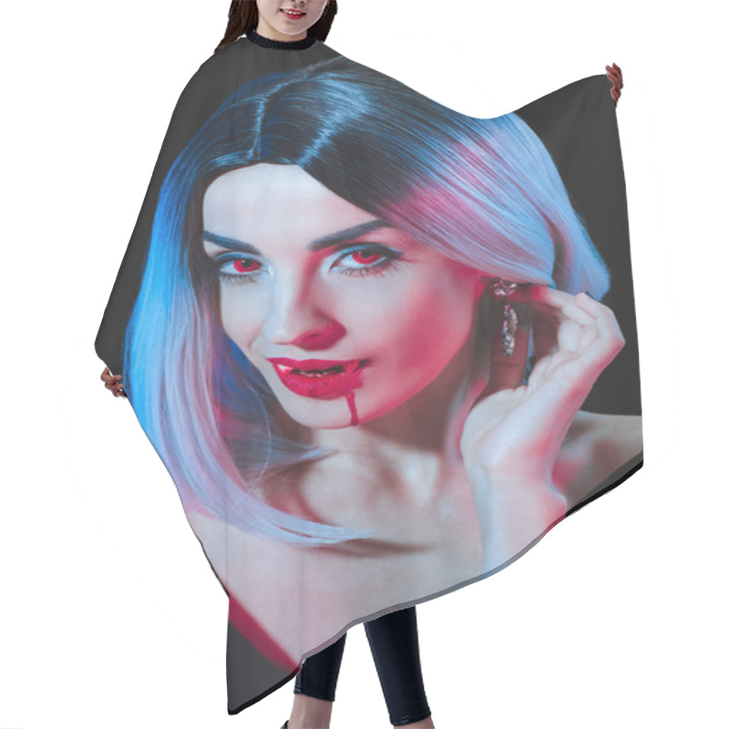 Personality  Sexy Vampire Woman Looking At Camera Isolated On Black Hair Cutting Cape