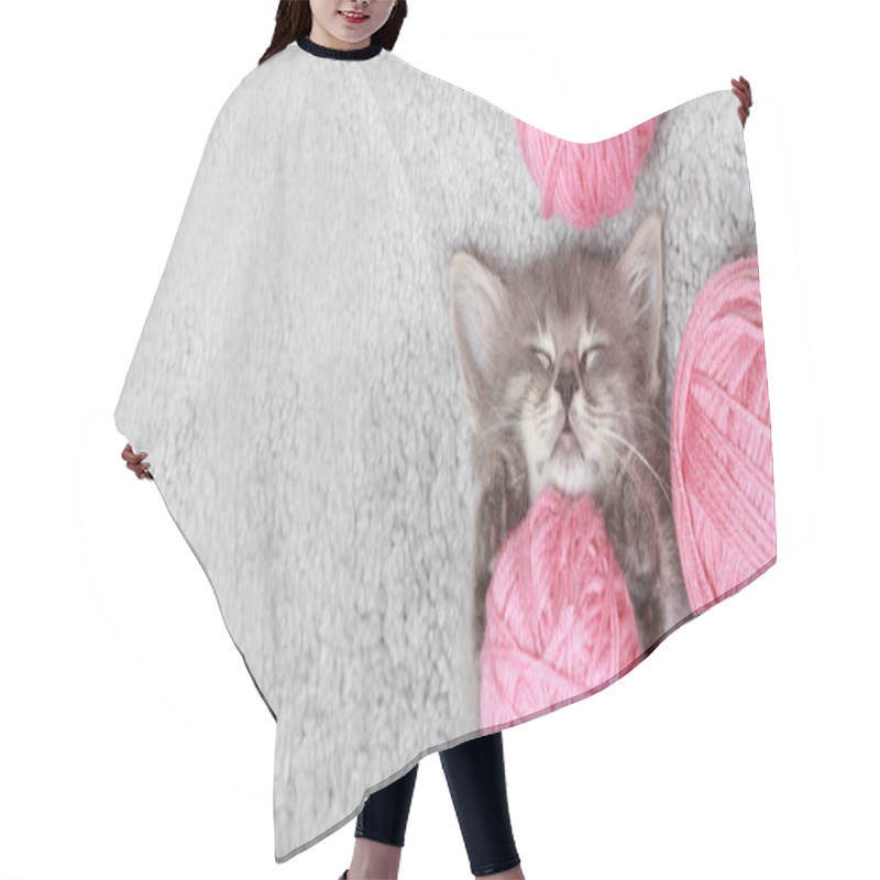 Personality  Cat Banner - A Small Fluffy Gray Kitten Sleeps With Pink Balls Of Yarn. Copy Space For Text. Hair Cutting Cape