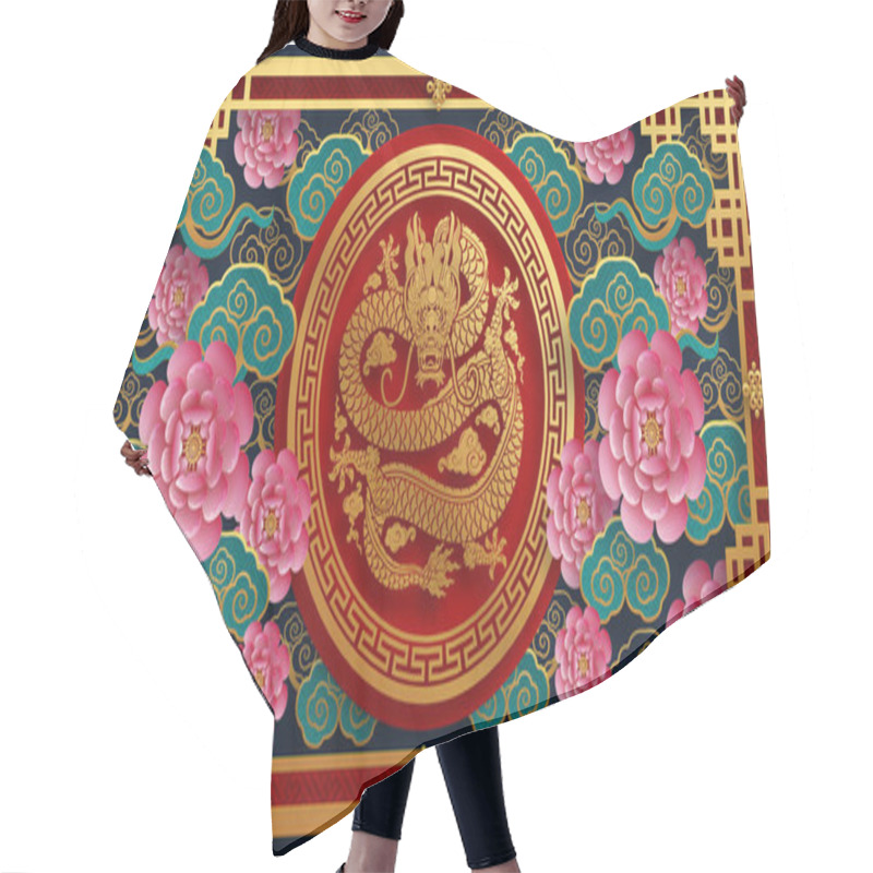 Personality  Happy Chinese New Year 2024 The Dragon Zodiac Sign With Flower,lantern,asian Elements Blue Porcelain Style On Color Background. ( Translation : Happy New Year 2024 Year Of The Dragon ) Hair Cutting Cape