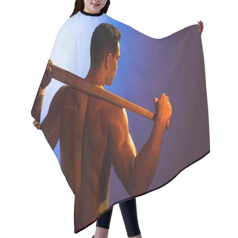 Personality  Back View Of Shirtless Sportive Mixed Race Man With Baseball Bat On Blue And Dark Purple Gradient Background Hair Cutting Cape