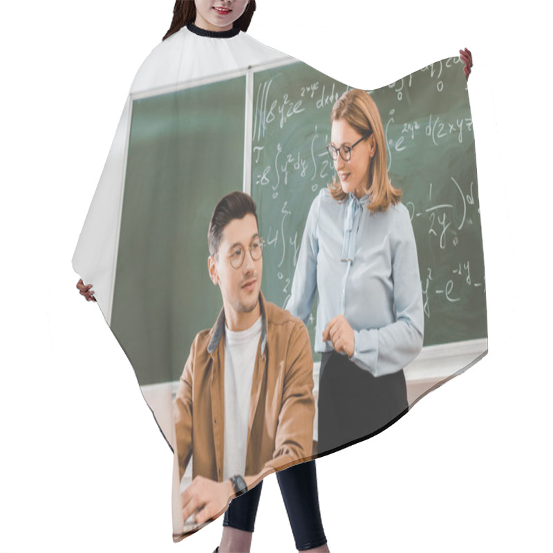 Personality  Young Student Using Laptop And Sitting Near Teacher In Class Hair Cutting Cape