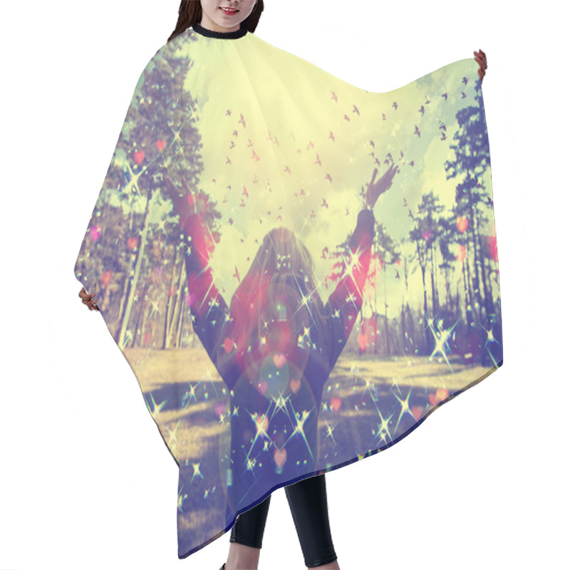 Personality  Young Girl Spreading Hands With Joy And Inspiration Facing The Sun,sun Greeting,freedom Concept,bird Flying Above Sign Of Freedom And Liberty Hair Cutting Cape